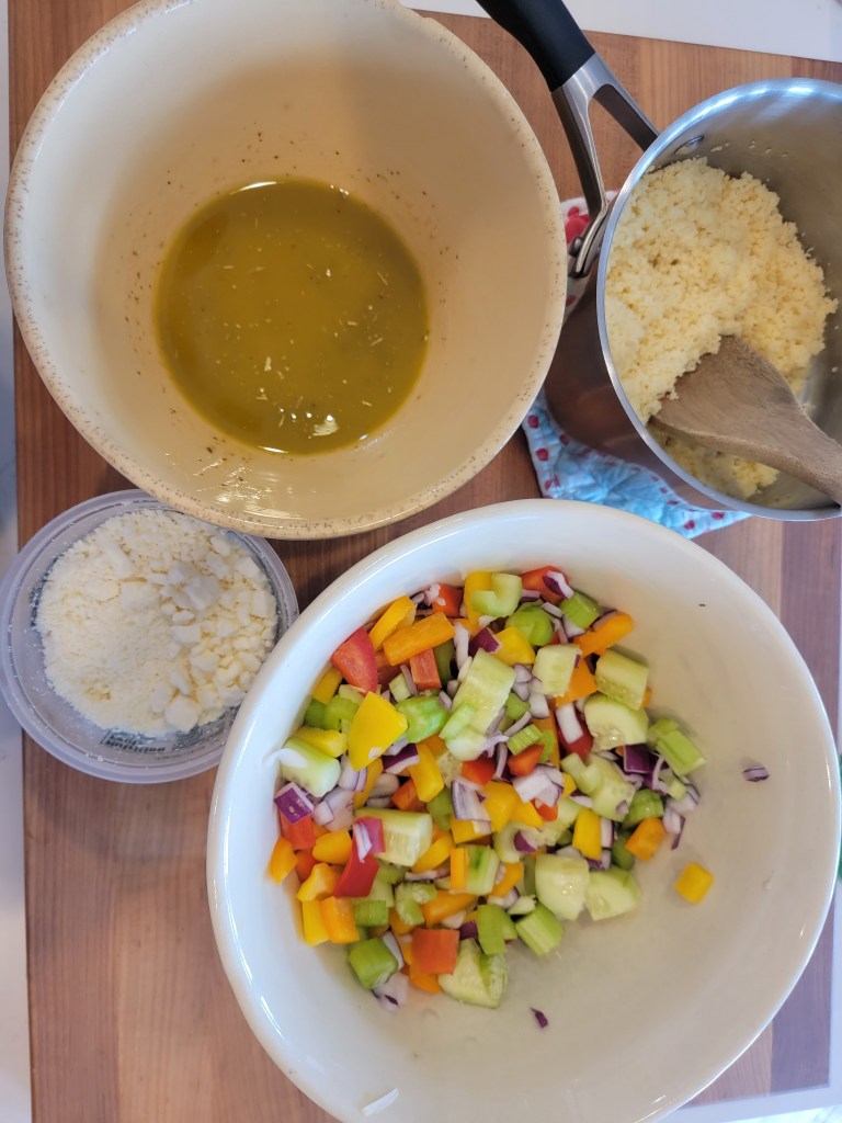 ingredients for Mediterranean salad in bowls