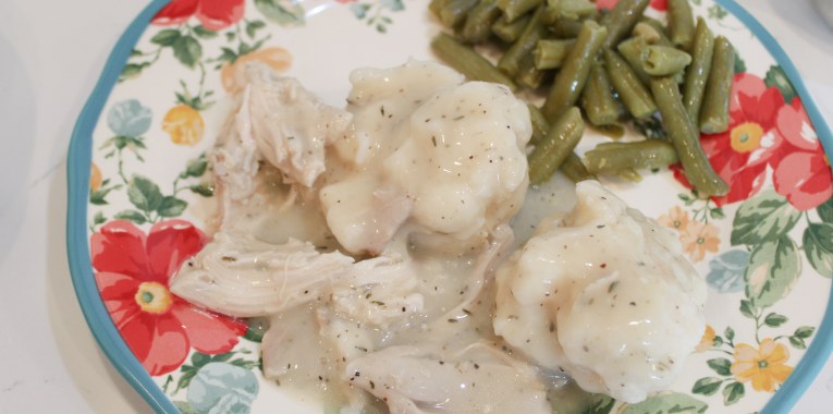Chicken and dumplings with green beans on plate