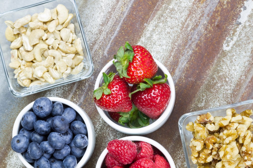 bowls of fruits and nuts